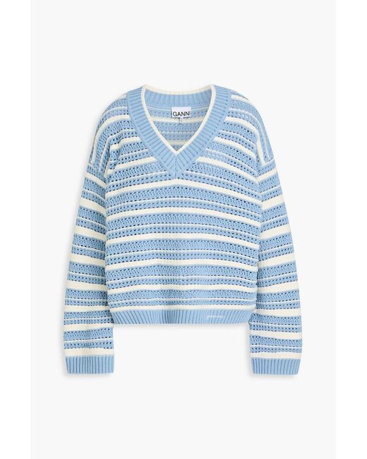 Ganni Blue Striped Open-knit Cotton Sweater