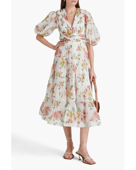 Zimmermann White Tiered Floral-print Plissé-organza Midi Dress