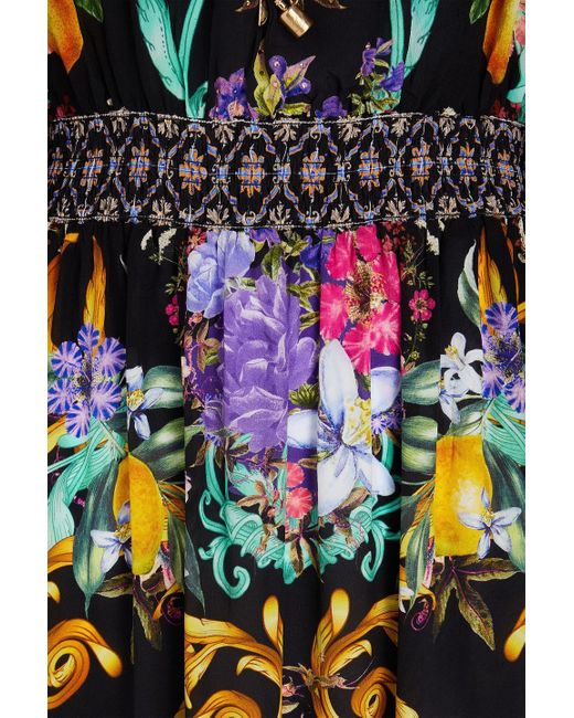 Camilla Black Maxikleid aus crêpe de chine aus seide und voile mit floralem print und verzierung