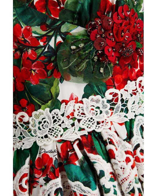 Dolce & Gabbana Red Crochet-trimmed Floral-print Cotton-blend Poplin Dress