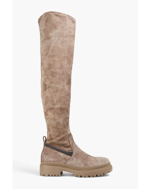 Brunello Cucinelli Brown Bead-embellished Suede Knee Boots