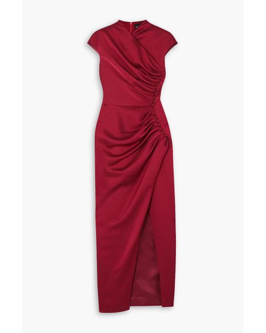Rasario Red Button-embellished Draped Satin Midi Dress