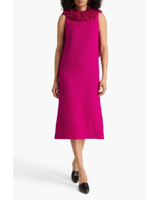 LIBEROWE Pink Fringed Wool Bouclé-Tweed Midi Dress