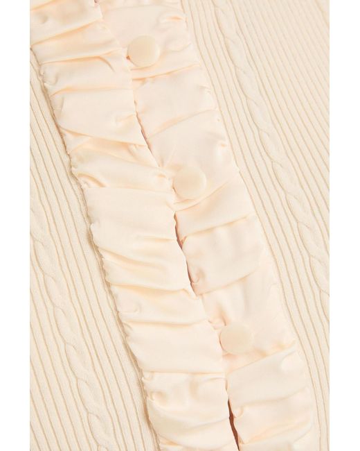 Claudie Pierlot White Ruffled Satin-trimmed Ribbed And Cable-knit Cardigan