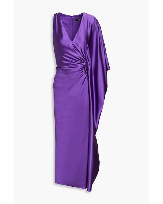 Badgley Mischka Purple Asymmetric Ruched Satin-crepe Midi Dress