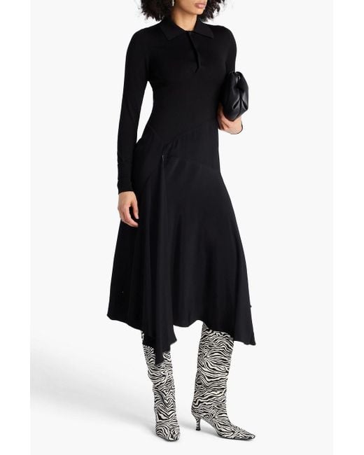 Victoria Beckham Black Crepe-Paneled Wool Midi Shirt Dress