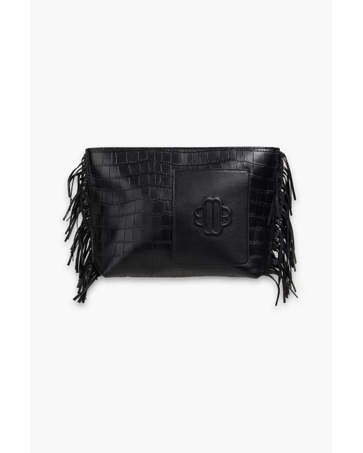 Maje Black Fringed Croc-effect Leather Pouch