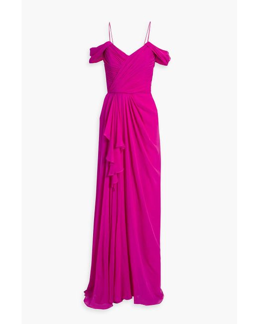 Costarellos Pink Cold-shoulder Draped Silk-chiffon Gown