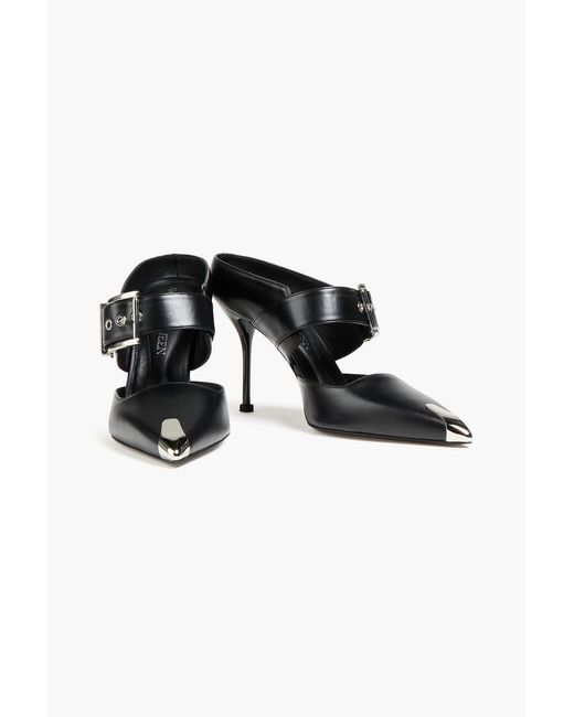 McQueen Black Punk Buckle Embellished Leather Mules