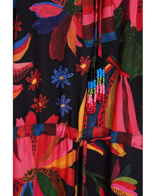 Farm Rio Tiered Embellished Printed Crepe Mini Dress