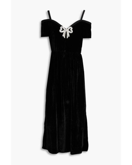 Saloni Black Clementine Cold-shoulder Crystal-embellished Velvet Midi Dress