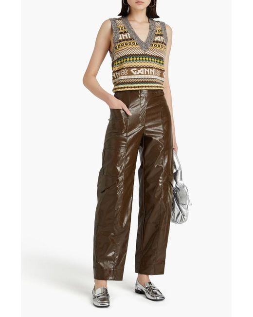 Ganni Brown Glossed Faux Leather Cargo Pants