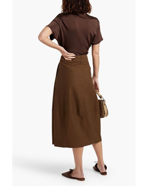 Vince Brown Belted Pleated Cotton And Wool-blend Twill Midi Skirt