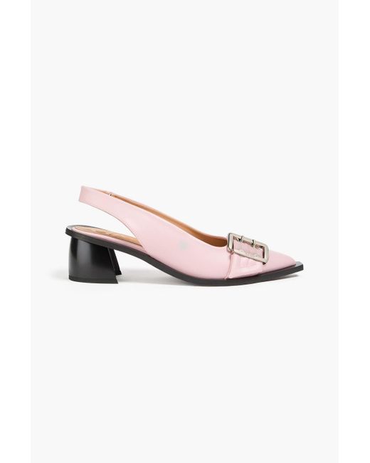Ganni Pink Buckled Leather-blend Slingback Pumps