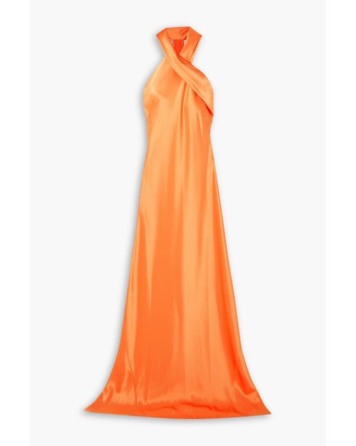 Galvan Orange Pandora Satin Halterneck Gown