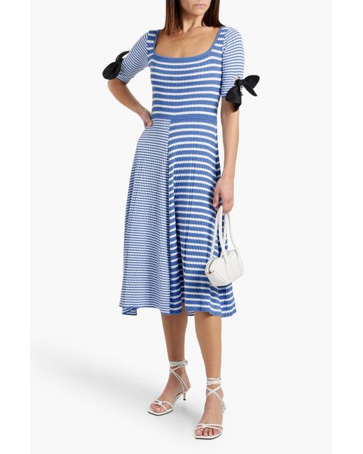 RED Valentino Blue Striped Ribbed And Pointelle-Knit Cotton Midi Dress