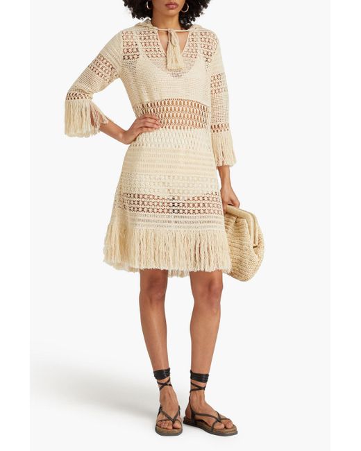 Zimmermann Natural Fringed Crocheted Cotton-blend Hooded Mini Dress