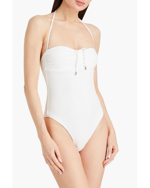 Melissa Odabash White St. Kitts Ruched Cutout Seersucker Bandeau Swimsuit