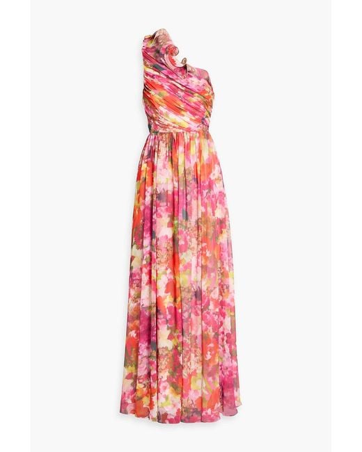 Badgley Mischka Red One-Shoulder Floral-Print Chiffon Maxi Dress