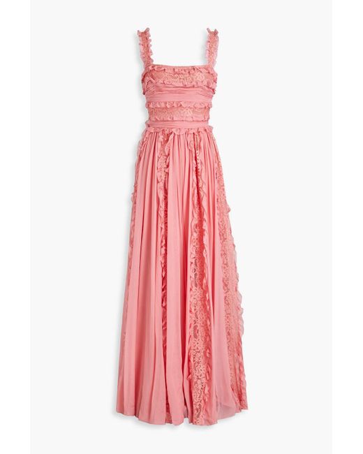 Zuhair Murad Pink Pleated Lace-trimmed Silk-blend Chiffon Gown