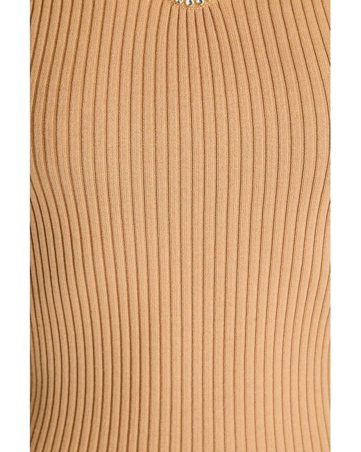 Sandro Natural Crystal-embellished Cutout Ribbed-knit Top