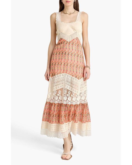 Saloni Pink Phoebe Lace-Paneled Floral-Print Cotton And Silk-Blend Maxi Dress