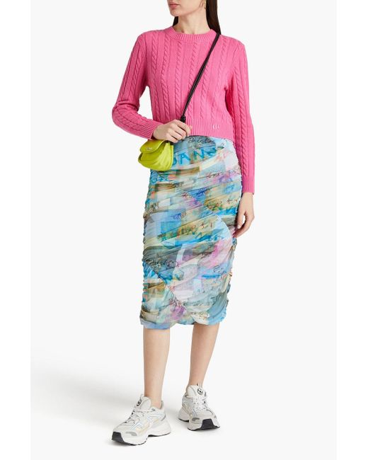 Ganni Blue Ruched Stretch-mesh Midi Skirt