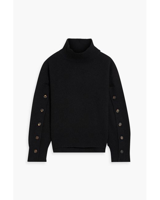 Brunello Cucinelli Black Button-detailed Ribbed Cashmere Turtleneck Sweater