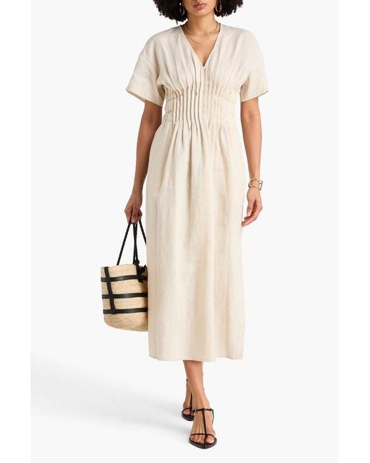 Staud White Lauretta Pintucked Linen-Blend Midi Dress