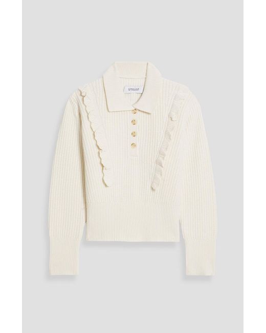 10 Crosby Derek Lam Natural Noelia Ruffled Ribbed Wool-blend Polo Sweater