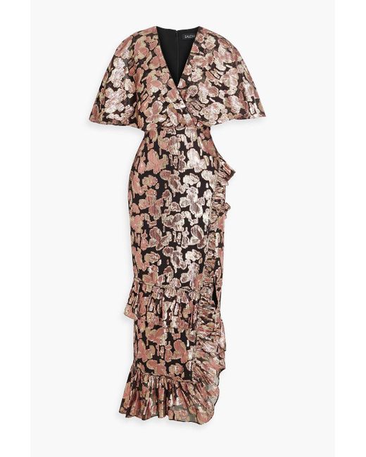 Saloni Metallic Rose Ruffled Silk-blend Jacquard Maxi Dress