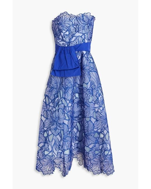 Marchesa Blue Strapless Taffeta-paneled Embroidered Tulle Midi Dress