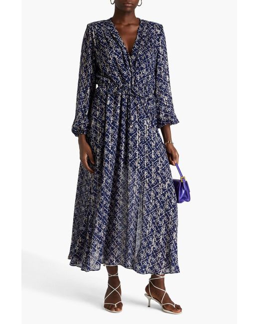 Claudie Pierlot Blue Rivage Wrap-effect Floral-print Metallic Fil Coupé Maxi Dress