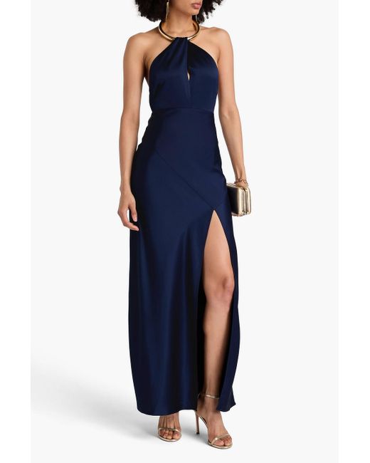 Nicholas Blue Embellished Satin Halterneck Maxi Dress