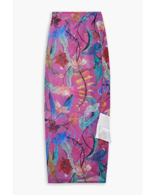 PATBO White Pareo "zamia" aus chiffon mit print, häkelbesatz und fransen