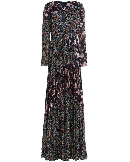 Mikael Aghal Pleated Floral-print Crinkled Georgette Gown Midnight Blue