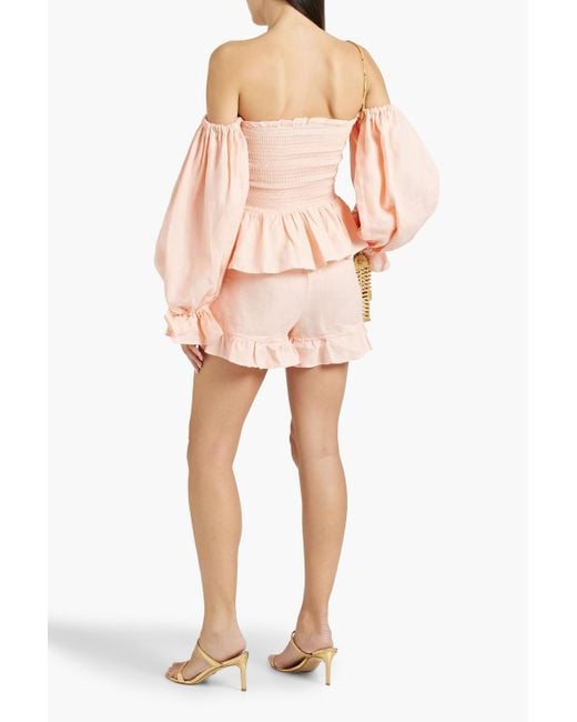 Sleeper Pink Atlanta Off-the-shoulder Ruffled Linen Top And Shorts Set