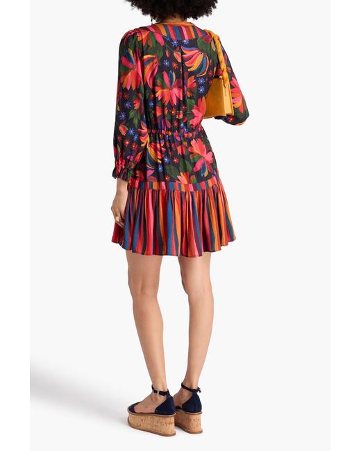 Farm Rio Tiered Embellished Printed Crepe Mini Dress