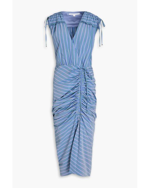 Veronica Beard Blue Teagan Ruched Striped Poplin Midi Dress
