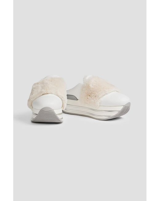 Hogan White Faux Fur-paneled Leather Platform Slip-on Sneakers