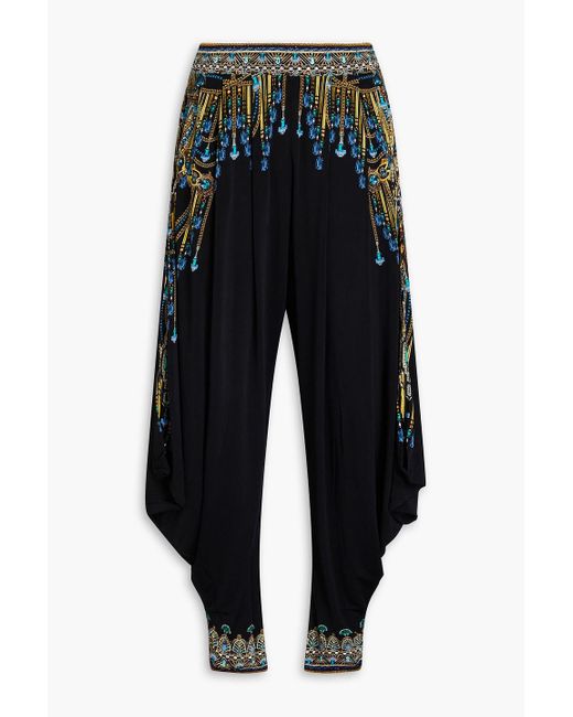Camilla Blue Crystal-embellished Printed Stretch-jersey Tapered Pants