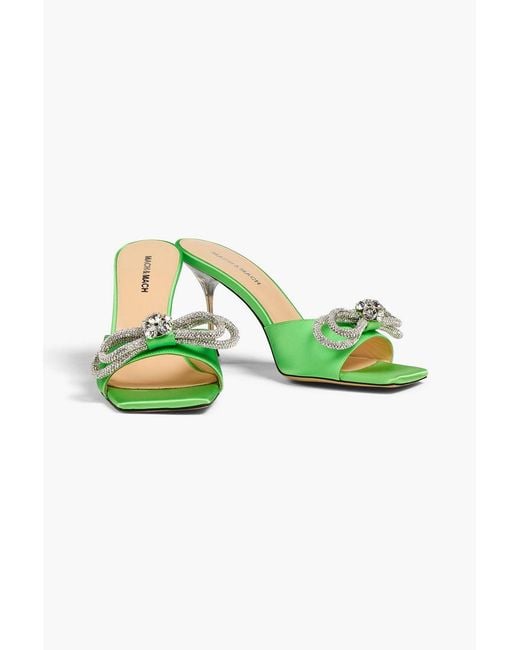 Mach & Mach Green Double Bow Crystal-Embellished Satin Mules