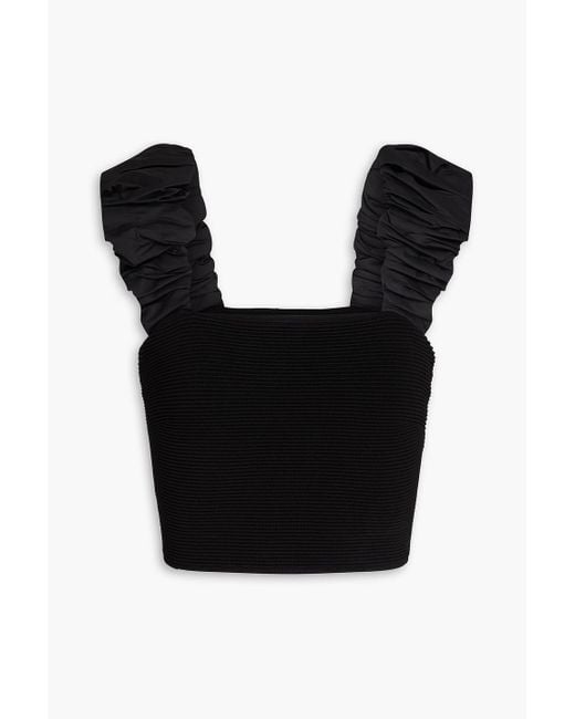 Aje. Black Allard Cropped Ruched Ribbed-knit And Taffeta Top