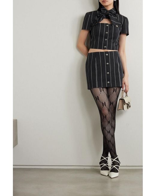 Alessandra Rich Black Cropped Bow-Detailed Cutout Pinstriped Wool-Blend Jacket