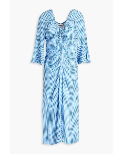 Ganni Blue Ruched Gingham Ecoverotm-blend Midi Dress