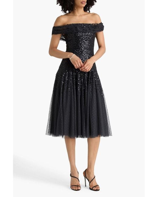 Needle & Thread Black Dappled Off-The-Shoulder Sequined Point D'Esprit Midi Dress