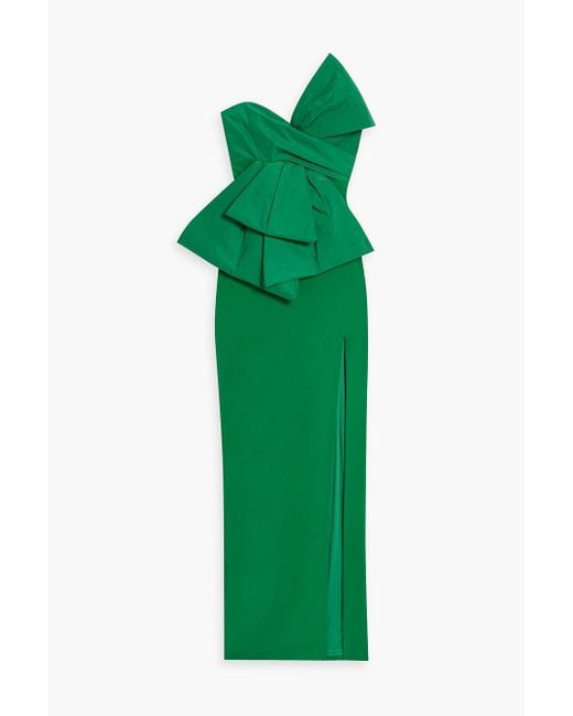 Marchesa Green Strapless Bow-detailed Taffeta And Crepe Gown
