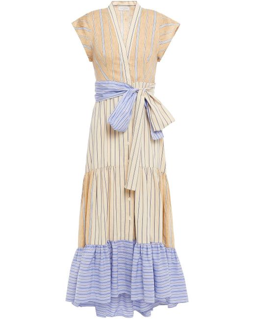 Sandro Natural Rosanda Paneled Striped Linen-blend Midi Dress