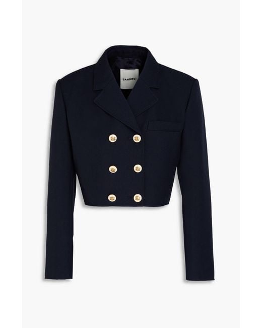 Sandro Blue Cropped Double-breasted Wool-blend Twill Blazer