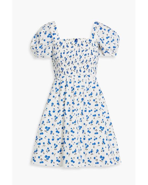 HVN Women's Blue Fromer Shirred Printed Cotton-Blend Poplin Mini Dress